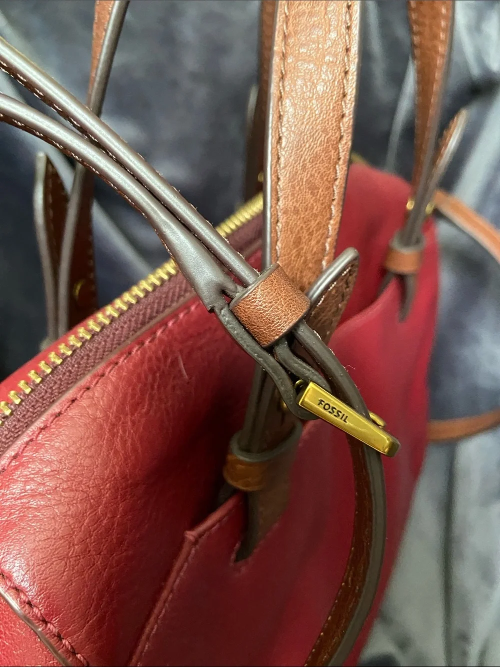Fossil Rachel Leather Satchel Red Burgundy Crossbody Brown Handles Key Charm